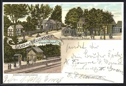 Lithographie Wellendorf / Osnabrück, Bahnhof, Gastwirtschaft v. C. Bröcker
