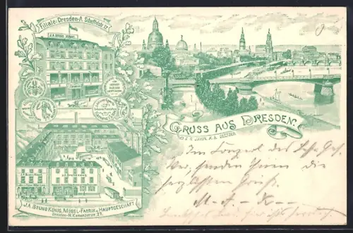 Lithographie Dresden, J. A. Bruno König Möbel-Fabrik, Kamenzerstrasse 27, Filiale Scheffelstrasse 17