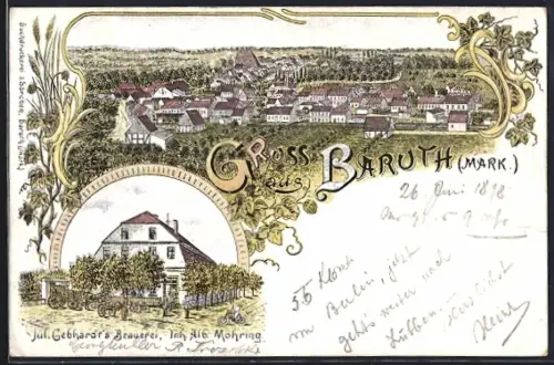 Lithographie Baruth / Mark, Brauerei von Jul. Gebhardt, Ortsansicht