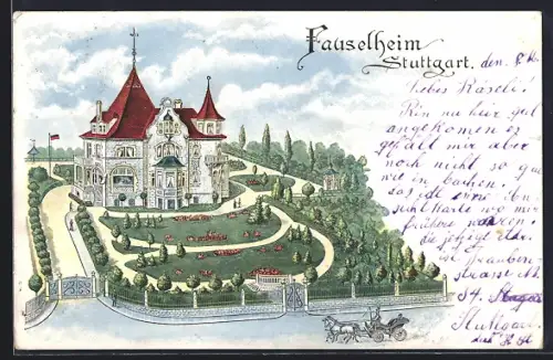 Lithographie Stuttgart, Villa Fauselheim, Pferdekutsche