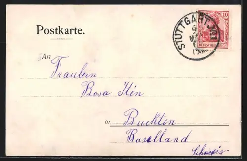 Lithographie Stuttgart, Villa Fauselheim, Pferdekutsche