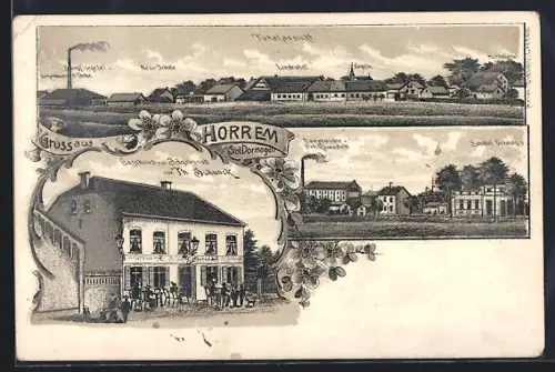 Lithographie Horrem /Dormagen, Gasthaus zur Jägersruh v. Th. Schunck, Bahnhof, Dampfmühle