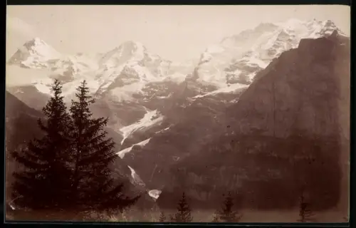 Fotografie unbekannter Fotograf, Ansicht Mürren, Bergmassiv mit Eiger, Mönchen und Jungfrau