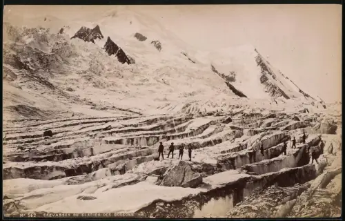 Fotografie unbekannter Fotograf, Ansicht Chamonix, Crevasses du Glacier des Bossons, Bergsteiger auf dem Gletscher