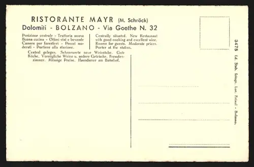AK Bolzano, Ristorante Mayr, Via Goethe N. 32, Dolomiti