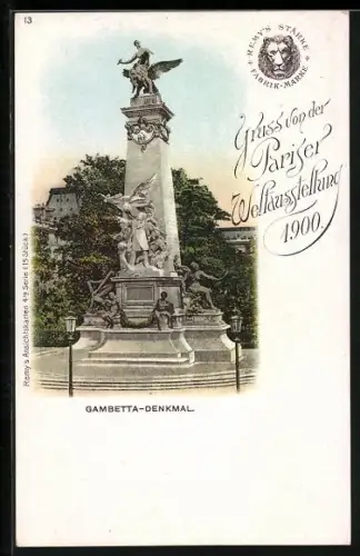 AK Paris, Weltausstellung 1900, am Gambetta-Denkmal, Remmy`s Stärke Fabrik-Marke