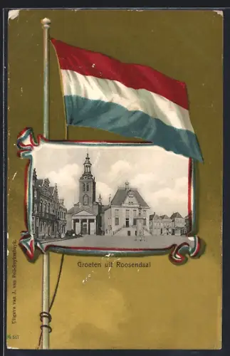 AK Roosendaal, Strassenpartie im Passepartout mit Flagge