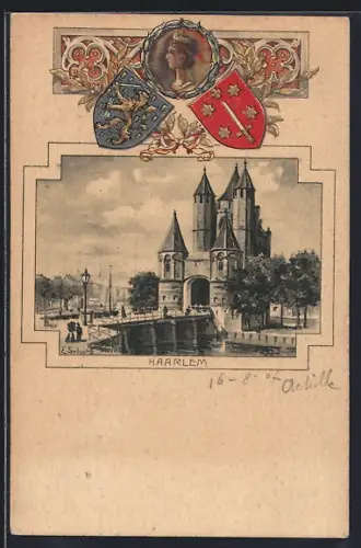 Präge-AK Haarlem, Schloss im Passepartout mit Wappen