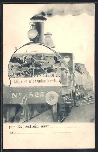 AK Oudenbosch, Dampflokomotive Nr. 825 mit Personenwaggons