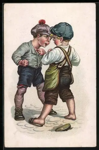 AK Zwei Knaben mit Schimmützen bei einem Disput