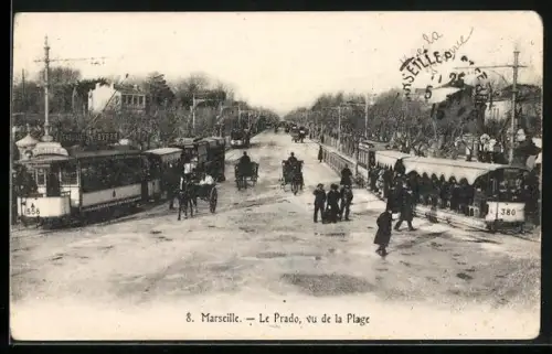 AK Marseille, Prado-vue de la plage, Strassenbahnen