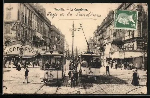 AK Marseille, La Cannebiere, Cafe Riche, Strassenbahnen