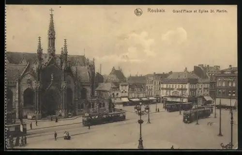 AK Roubaix, Grand` Place et Eglise St. Martin, Strassenbahn