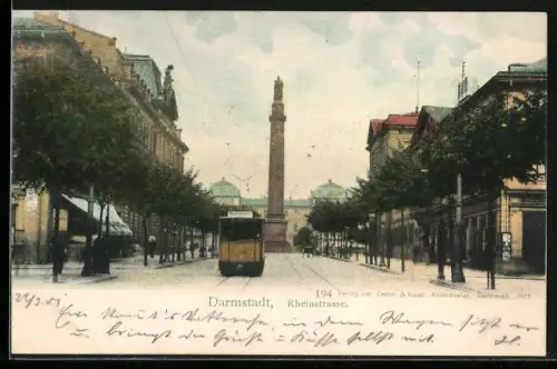 AK Darmstadt, Partie in der Rheinstrasse mit Strassenbahn