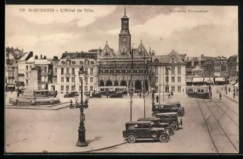 AK St-Quentin, L`Hôtel de Ville, Strassenbahn