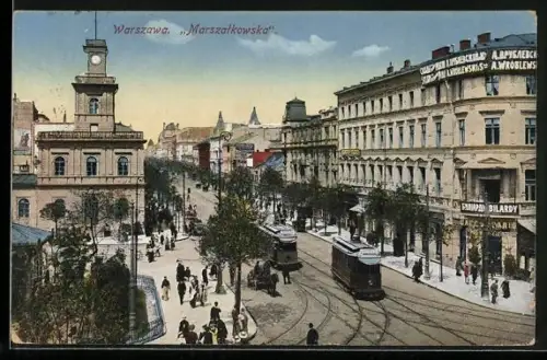AK Warschau-Warszawa, Marszatkowska, Strassenansicht mit Strassenbahnen