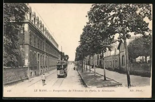 AK Le Mans, Perspective de l'Avenue de Paris, le Seminaire et Tramway, Strassenbahn