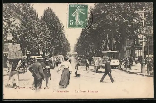 AK Marseille, Cours Belsunce mit Strassenbahn und Passanten