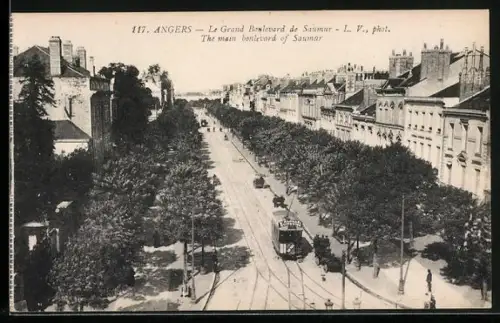 AK Angers, Le grand Boulevard de Saumur, Strassenbahn