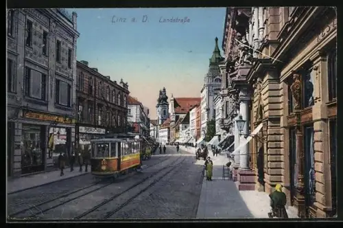 AK Linz an der Donau, Strassenbahn in der Landstrasse