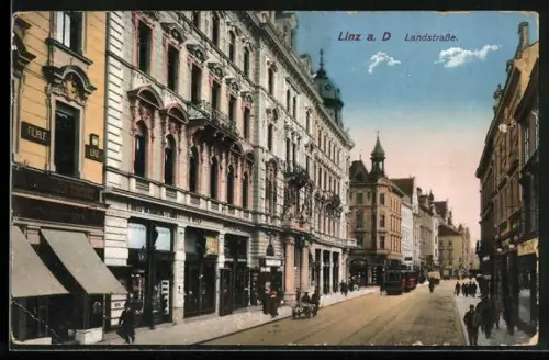 AK Linz a.d. Donau, Landstrasse, Geschäfte, Strassenbahn
