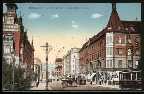AK Budapest, Strassenpartie am Margarethenring, Strassenbahn