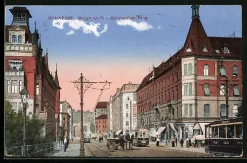 AK Budapest, Strassenpartie am Margarethenring, Strassenbahn