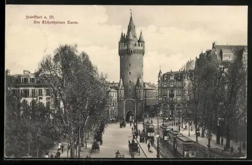 AK Frankfurt, Haltende Strassenbahnen am Eschenheimer Turm