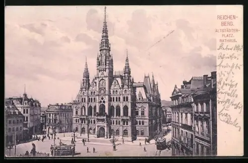 AK Reichenberg, Altstädter Platz mit Rathaus und Strassenbahnen