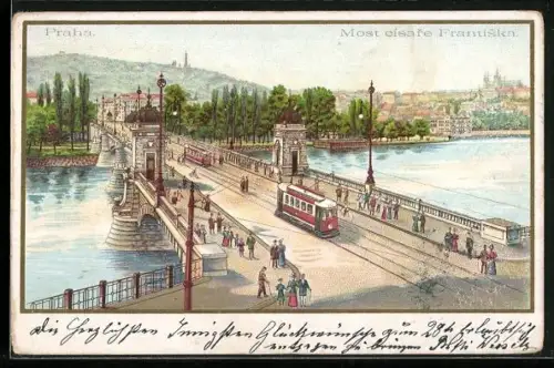 AK Prag, Kaiser Franzens-Brücke mit Strassenbahn