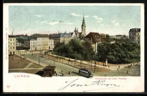 AK Leipzig, Promenade am alten Theater, Strassenbahn