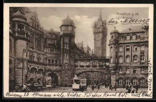 AK Frankfurt a. M., Strassenbahn am Rathaus