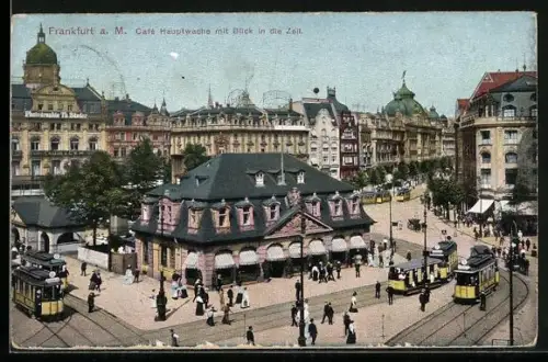 AK Frankfurt, Café Hauptwache mit Blick in die Zeil, Strassenbahn