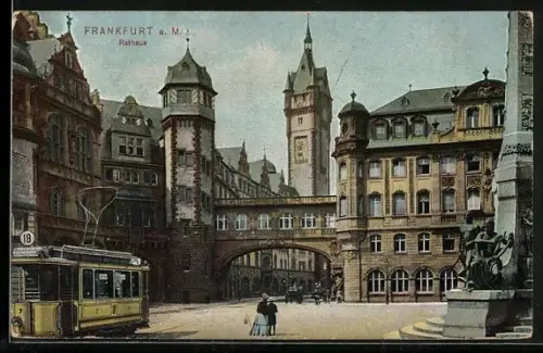 AK Frankfurt / Main, Strassenbahn vor dem Rathaus