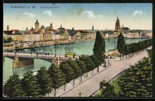 AK Alt-Frankfurt, Untermainbrücke mit Strassenbahn