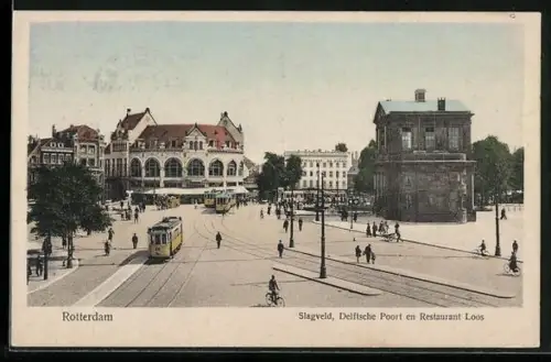 AK Rotterdam, Slagveld, Delftsche Poort end Restaurant Loos, Strassenbahn