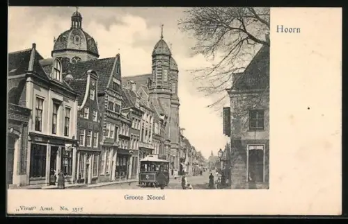 AK Hoorn, Geschäfte an der Strasse Groote Noord, Strassenbahn