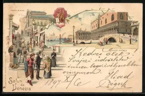 Lithographie Venezia, Ponte Rialto, Palazzo Ducale