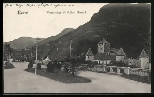 AK Bozen, Schloss Maretsch, Blick auf das Schloss und zur Wassermauuer