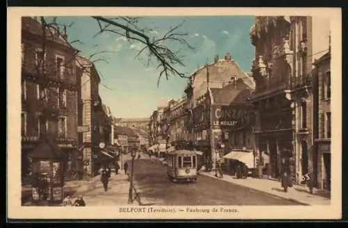 AK Belfort, Faubourg de France, Strassenbahn