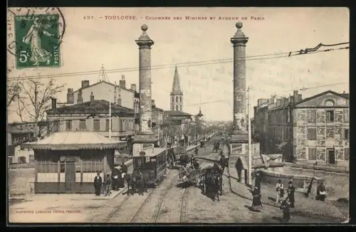 AK Toulouse, Colonnes des Minimes et Avenue de Paris, Partie mit Pferdebahn