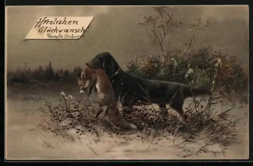 Künstler-AK M.Müller jun.: Jagdhund apportiert einen Fuchs