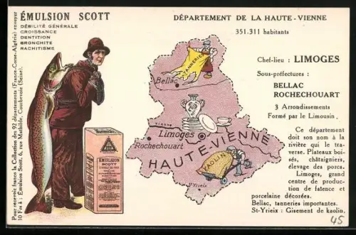 AK Limoges, Émulsion Scott, Départment de la Haute-Vienne, Fischer und Landkarte