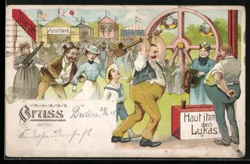 Künstler-AK Besucher und Buden auf dem Volksfest, Attraktion Hau den Lukas, Theater und Glücks-Rad