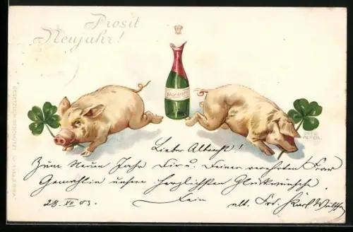 Künstler-AK O. Peter: Zwei Ferkel mit Kleeblättern und Sektflasche Monopol, Neujahrsgruss
