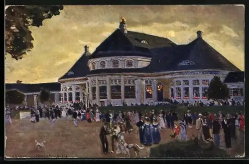 Künstler-AK München, Ausstellung 1908, Das Haupt-Restaurant am Abend
