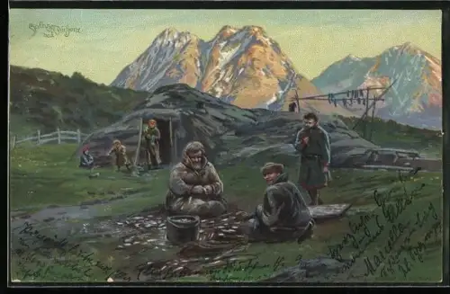 Künstler-AK Familie bei der Fischverarbeitung vor einer Hütte