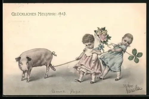 Künstler-AK Wichera: Kleine Kinder haben Schwein an der Leine