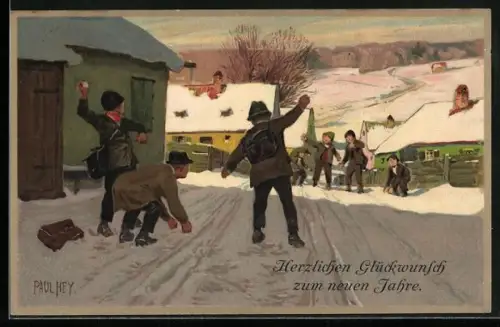 Künstler-Lithographie Paul Hey: Kinder bei einer Schneeballschlacht
