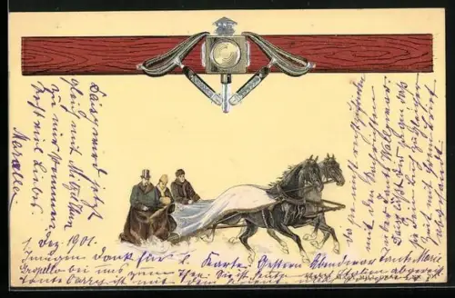 Lithographie Winterliche Pferdeschlittenfahrt mit Kutscher